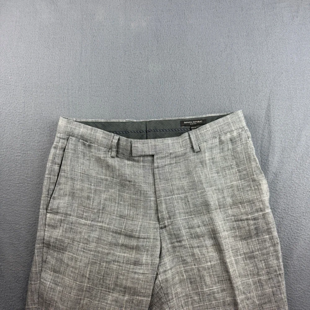 Banana Republic Pants Mens 32x30 (Fits 34) Gray Slim Fit 100% Linen Plaid Dress